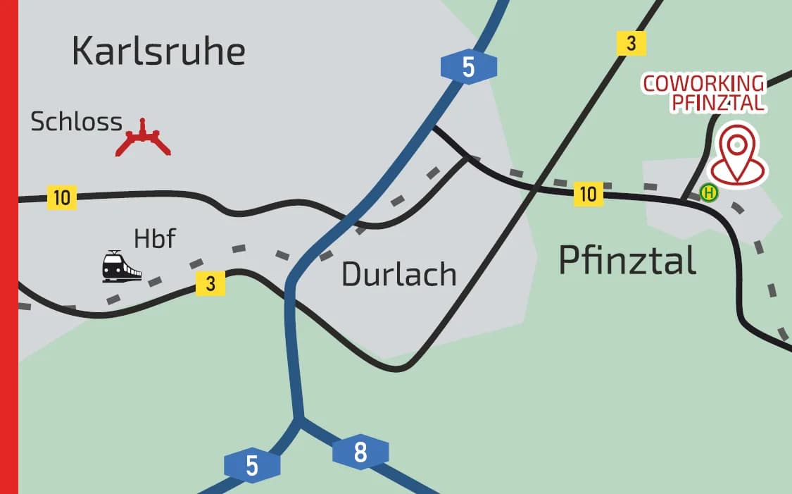Karte-pfinztal.works: Coworking bei Karlsruhe im Pfinztal. Mit der Straßenbahn S5 zu erreichen, oder mit dem Auto über die A5 und B10, Parkmöglichkeiten.